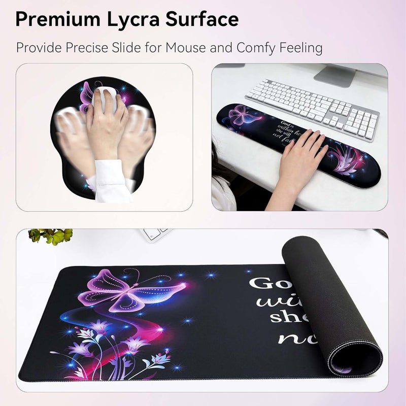 VINEBURY Desk Mat Set + Keyboard and Mouse Pad with Wrist Rest Support,4-in-1 Large Mousepad Computer Mats for Desktop Home & Office-Purple Butterflies - Image 4